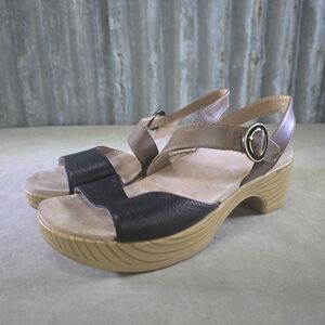 Dansko Marjory Sandal Womens 5.5-6 EU 36 Black Tan Leather Straps Block Heel